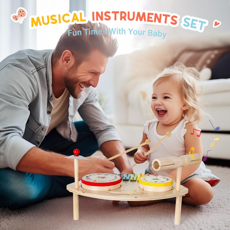 M SANMERSEN Drum Set 7 in 1 Toddler Music Toys Wooden Montessori Musical Instruments Sensory Toys Birthday Xmas Gifts for Girls Boys