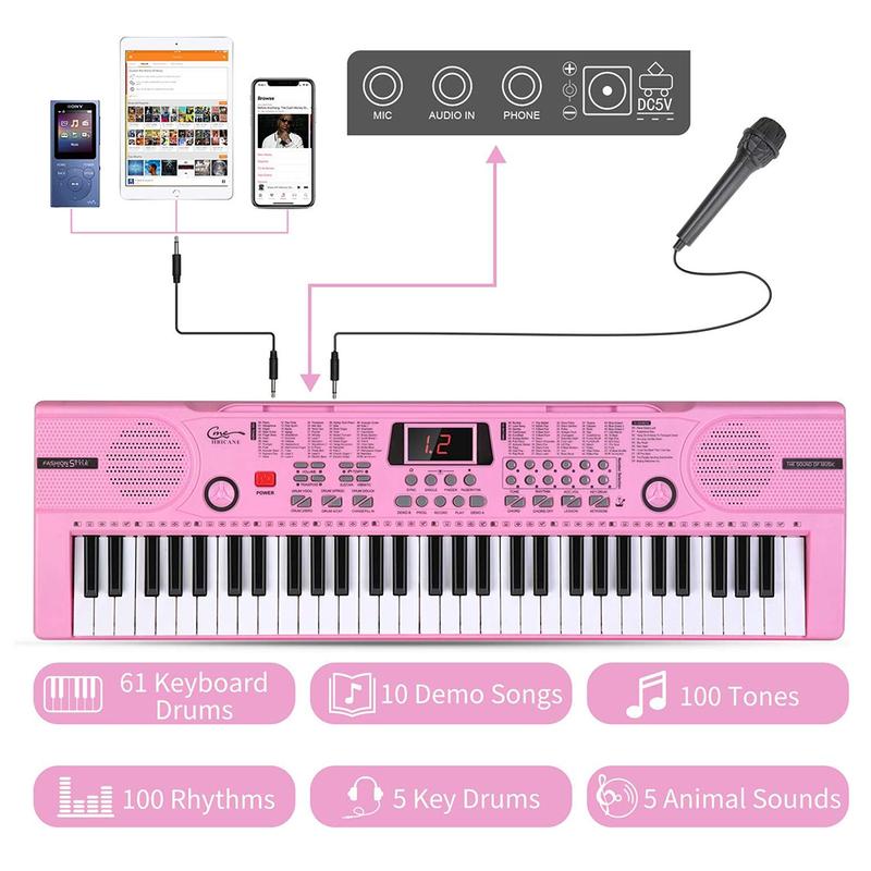 61 Key Music Electronic Keyboard Electric Digital Piano Organ w  Music Stand & Mic