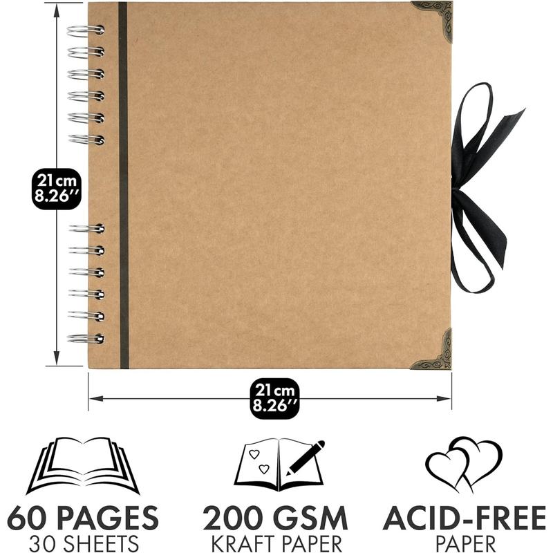 Scrapbook Album 60 Pages (8 x 8 Inch) Brown Thick Kraft Paper, Photo Album Scrapbook, Memory Book - for Your Scrapbooking Albums Art