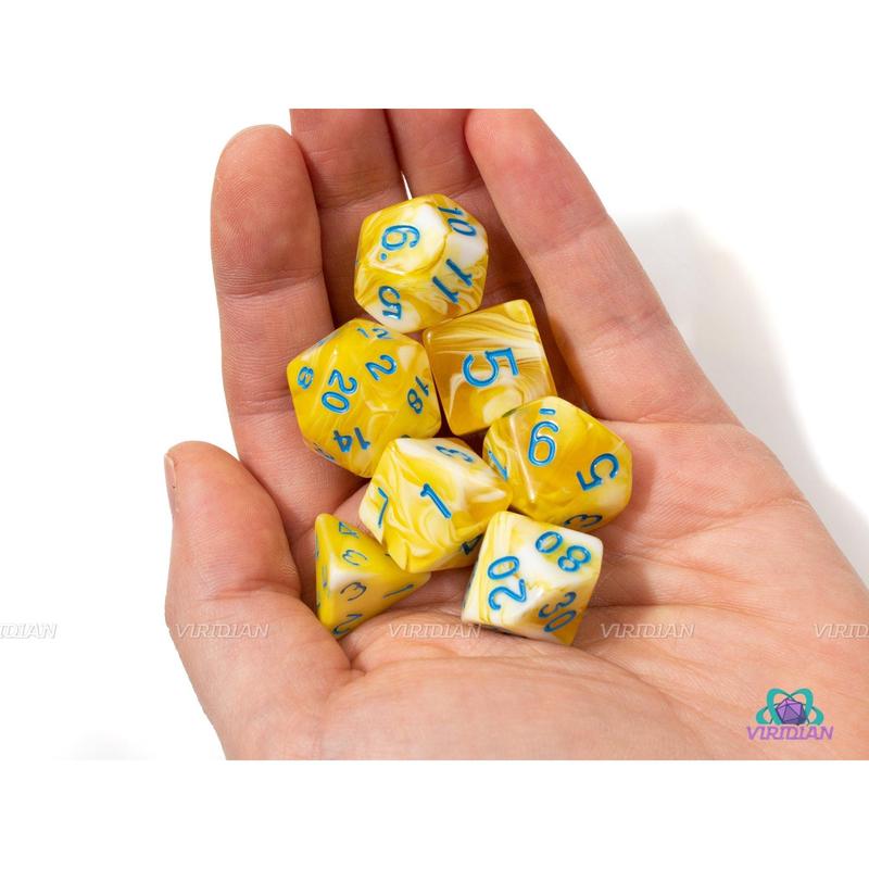 Lemon Cream | Yellow and White Swirled Acrylic Dice Set (7) | Dungeons and Dragons (DnD)