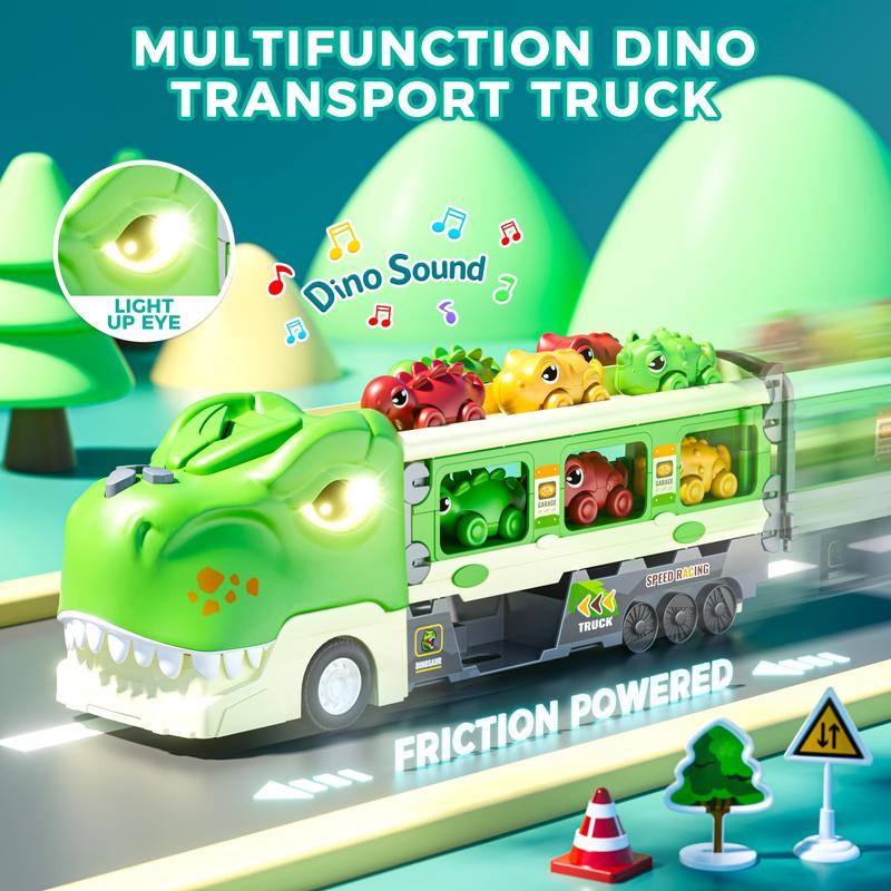 Dinosaur Truck Toys for 2 3 4 5 6 7 Year Boy Toddler, Foldable Track & 2 Player Race Mode, Light & Sound Transport Carrier W  6 Dino Car & 12 Accessories, Birthday Gift Idea for Kids Girls