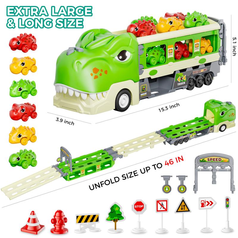 Dinosaur Truck Toys for 2 3 4 5 6 7 Year Boy Toddler, Foldable Track & 2 Player Race Mode, Light & Sound Transport Carrier W  6 Dino Car & 12 Accessories, Birthday Gift Idea for Kids Girls