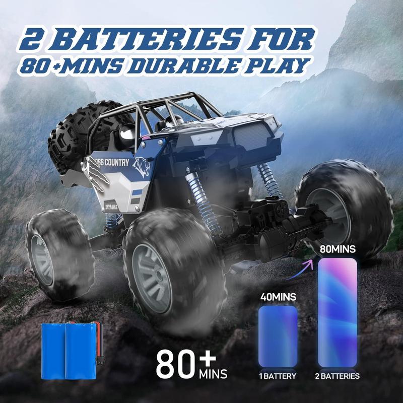 DE60 Large 1:8 Scale Upgraded RC Car, Off-Road Monster Truck with Realistic Sound, 2.4GHz 4WD Rock Crawler, All-Terrain Climbing, 2 Batteries for 80 Minutes of Play