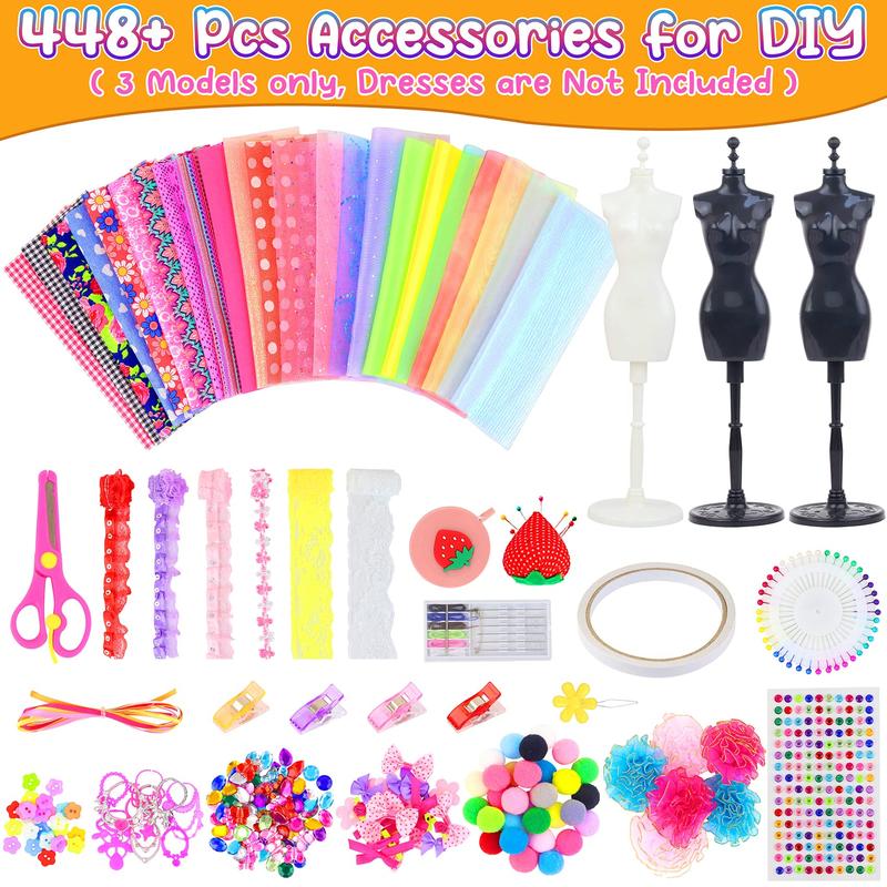 448 Pcs Fashion Design Kit for Girls Doll Accessories DIY Set Creativity DIY Arts & Crafts Toys with Mannequins Gift for 6-8 8-12 Year Old Girl