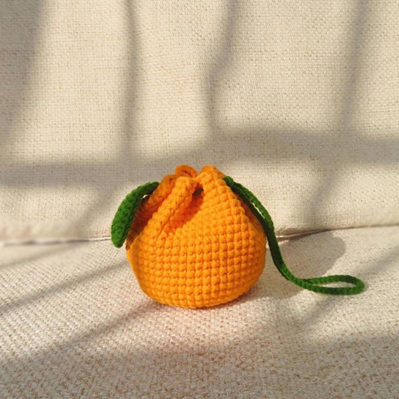 Cute Tangerine Shaped Small Storage Bag, Crochet Drawstring Bags, Mini Handwoven Cotton Handbag, Coin Purse Pouch, Orange Knitting Change Wallet, Earbuds Protective Case, Handmade Gift for Women and Girls