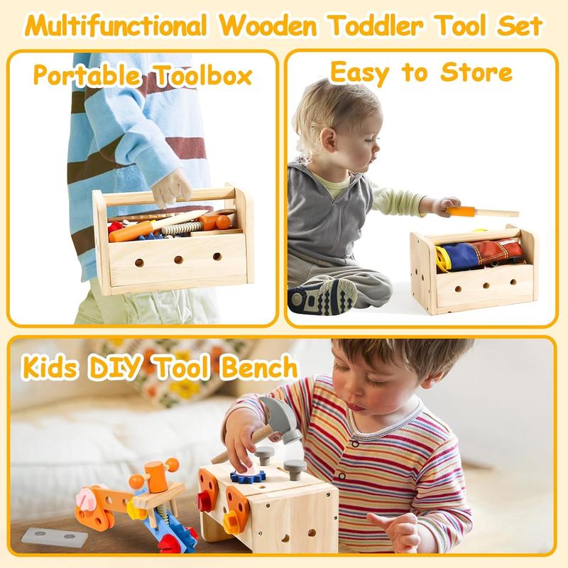 TONZE Kids Tool Set with Apron, Wooden Toddler Tool Bench Montessori Toys for 3 4 5 Year Old 39 PCS Educational STEM Construction Toys for Ages 3-4 Pretend Play Toddler Tool Birthday Gift for Boy Girl