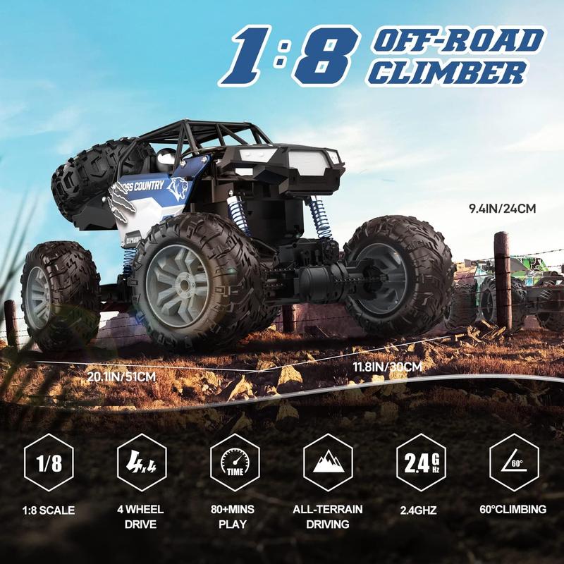 DE60 Large 1:8 Scale Upgraded RC Car, Off-Road Monster Truck with Realistic Sound, 2.4GHz 4WD Rock Crawler, All-Terrain Climbing, 2 Batteries for 80 Minutes of Play