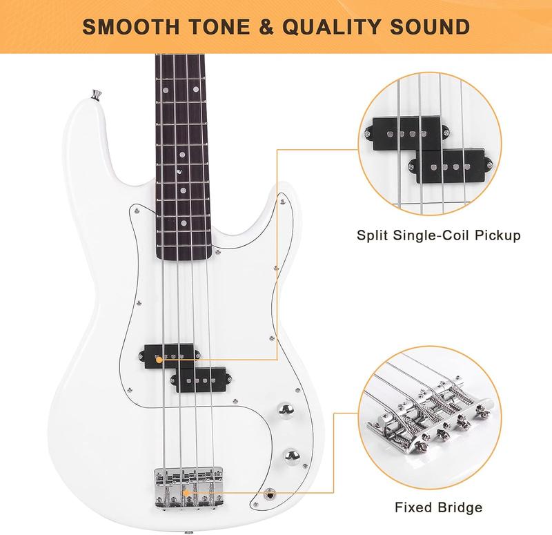 GLARRY Full Size Electric Bass Guitar with 20W AMP, 4 String Beginner Starter Kit with Accessories including Cable, Strap, Bag for Kids and Adults (White)