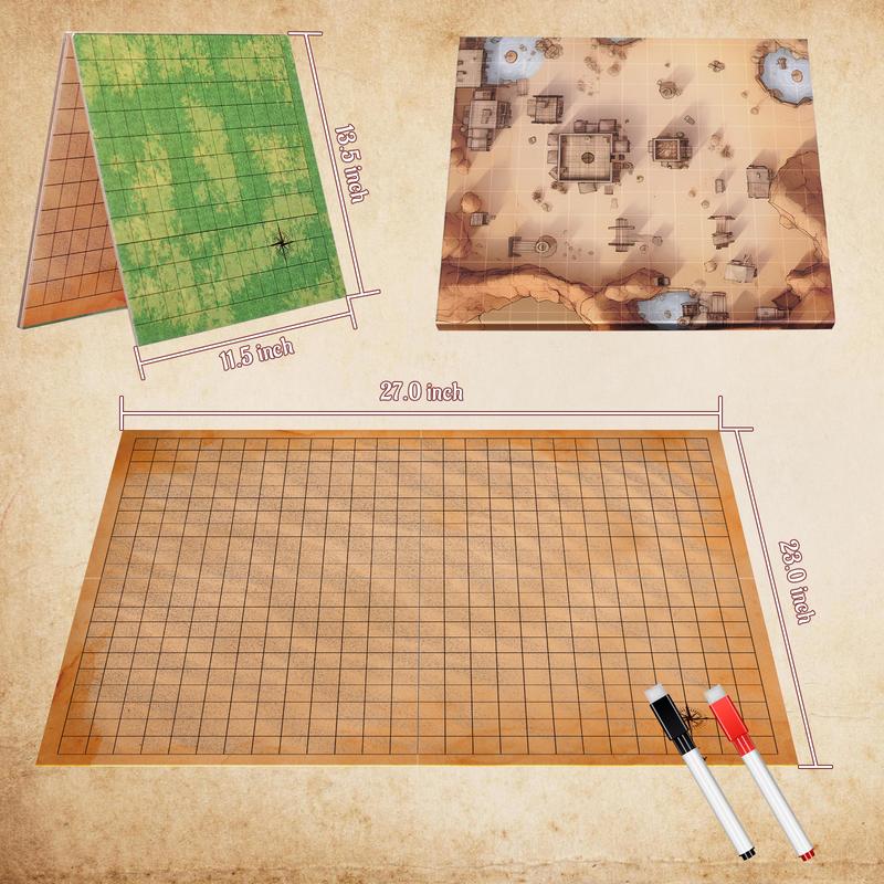 CZYY DND Foldable Mat Dry Erase TTRPG Map Grassland & Desert Two-Sided Cardboard Terrain 27x23 Inches with Square Grid - Portable, Reusable Game Board for D&D, Pathfinder and Tabletop RPGs