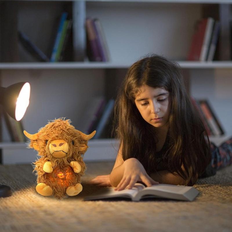 Breathing stuffed animal, breathing highland cattle stuffed animal, anxiety relief, sleep partner, sleep with music lights and rhythmic breathing movement