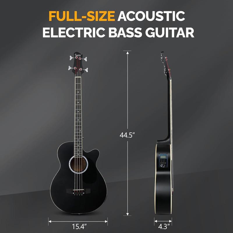 GLARRY Full Size Acoustic Electric Bass Guitar Beginner Kit w  15W Amp, Cutaway 4 Strings Electric Acoustic Bass Guitar w Inbuilt Tuner, Bag, Strap, Picks, Strings, Bass Guitarra，Matte Black