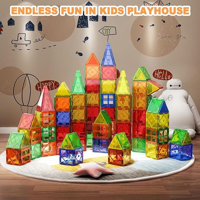 103 PCS Magnetic Building Tiles Set with Car,  magna tiles  Kids Toys Magnet Toys for Toddler Magnetic Blocks Building Toys Preschool Learning Sensory Montessori Toys for 3+ Year Old , Safe Creativity Toddler Kids Christmas Toys magnetic building