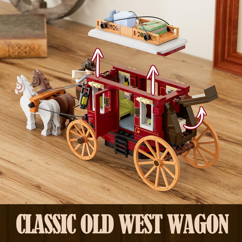 Funwhole Western Stagecoach ,293 Pcs, Lighting Building-Bricks Set - Old West Carriage and Horse  Collection Display Set Holiday Gift for West Lovers