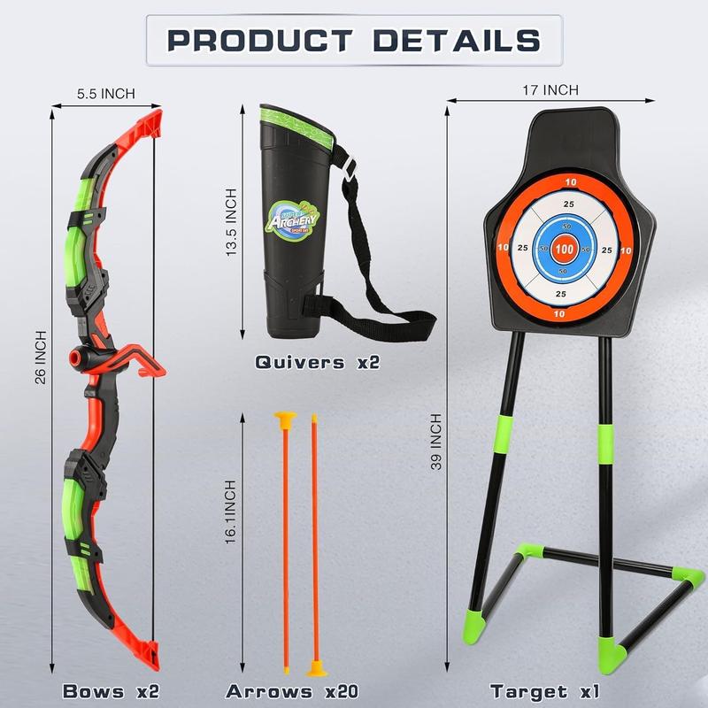 Bow and Arrow Set for Kids, 2-Pack LED Light Up Archery Set with 20 Suction Cup Arrows, Outdoor Toy for Boy Girl Age 4-8 8-12 with Standing Target&2 Quivers, Birthday Gift for Kid 5 6 7 8 9 Year Old