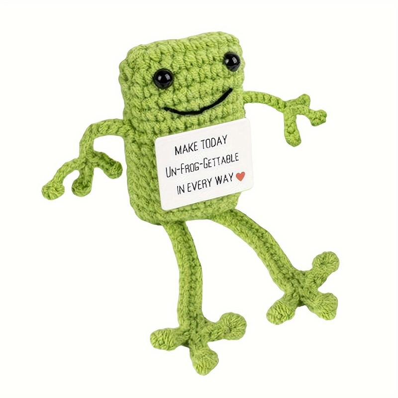 Cute Frog Design Crochet Toy, 1 Count Handmade Wool Crochet Stress Relief Pickle Toy Gifts, Emotional Support Knitting Doll with Positive Card for Room Decor