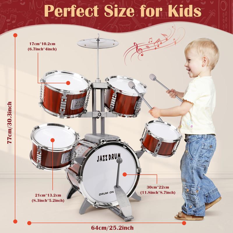 Drum Set for Kids Musical Instruments Kids Drum Set with Stool, Cymbal, Drum Sticks, 4 Snare Drums and 1 Bass Drum Jazz Drum Kit Toys for 3 4 5 6 Year Old Boys Girls Gifts