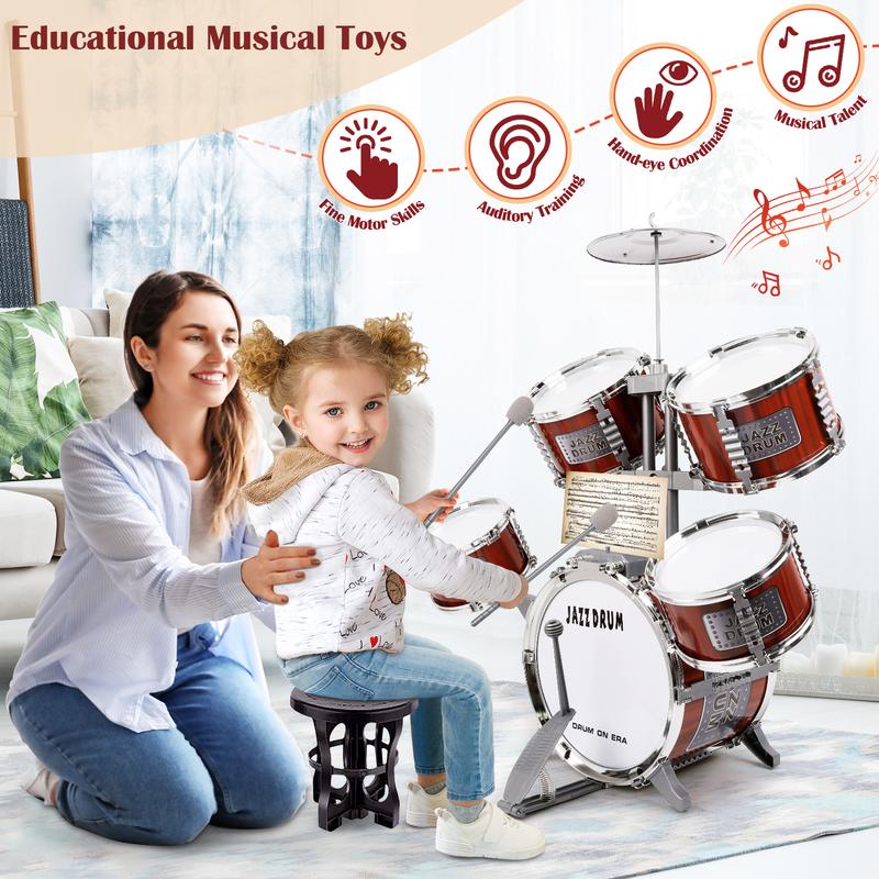 Drum Set for Kids Musical Instruments Kids Drum Set with Stool, Cymbal, Drum Sticks, 4 Snare Drums and 1 Bass Drum Jazz Drum Kit Toys for 3 4 5 6 Year Old Boys Girls Gifts