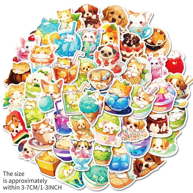 Cute Cat & Dog Food Series Sticker, 50pcs set Waterproof Decorative Sticker, DIY Creative Sticker for Phone Case, Laptop, Notebook, Helmet, Skateboard