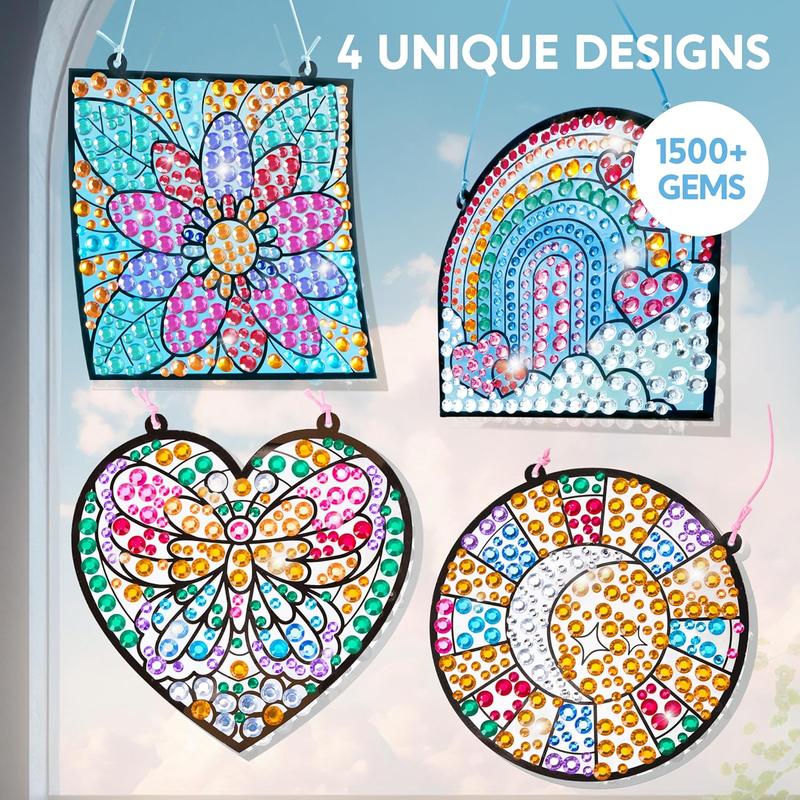 4PCS Window Art Suncatcher Kits, Fun Gem Painting Kits, Diamond Art and Crafts for Boys Girls, Great Crafts Gift for Kids Birthdays Christmas Ages 6+