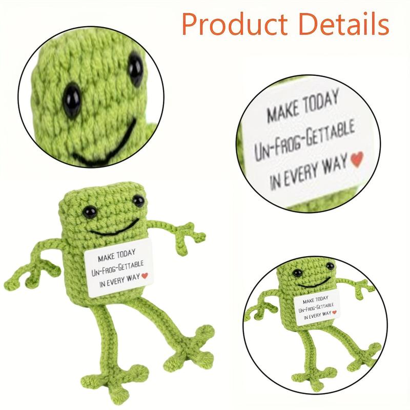 Cute Frog Design Crochet Toy, 1 Count Handmade Wool Crochet Stress Relief Pickle Toy Gifts, Emotional Support Knitting Doll with Positive Card for Room Decor