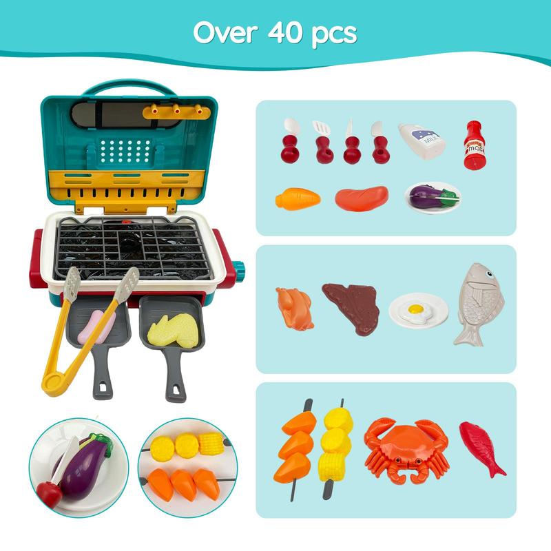 Cooking Simulator Toy with Color Changing Accessories, 31 PCS Fun BBQ Kit Gourmet Cooking Box, Magic BBQ Simulation Grill Toy with Sound & Light & Steam Grill Surface for Kids 3-8