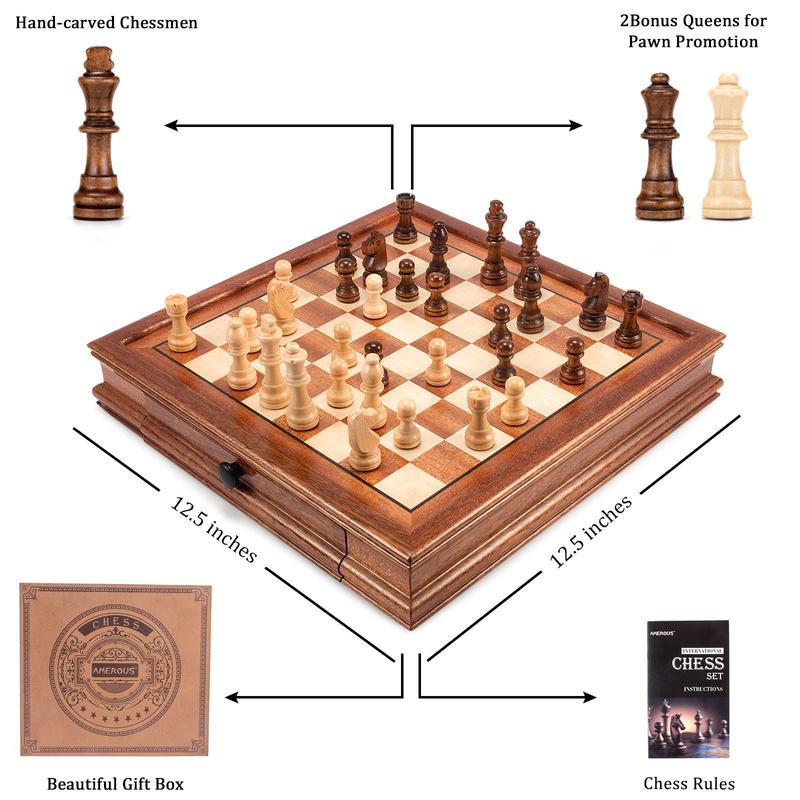 AMEROUS 12.5'' x 12.5'' Magnetic Wooden Chess Set, Chess Board Game with 2 Built-in Storage Drawers - 2 Bonus Extra Queens - Gift Packaging - Chess for Beginner, Kids and Adults