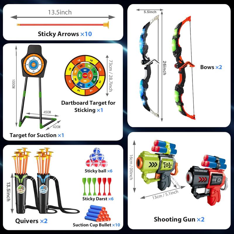 VATOS 2 Pack Bow and Arrow Toy for 5 6 7 8 9 10 11 Year Old Boys Girls, Light Up Archery Toy with Cup Suction Standing Target & 29 in Dart Board, Indoor Outdoor Activity Toys Birthday Gifts,Christmas gifts