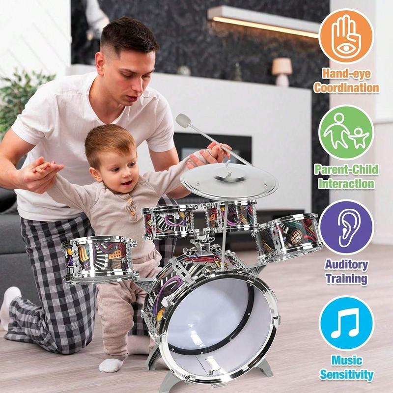 Preschooler Drum Set, 5 Piece Drum Set with Stool, Mini Jazz Drum Musical Instrument Toys for 3-8 Years Boys Girls Babies Children Christmas Gift