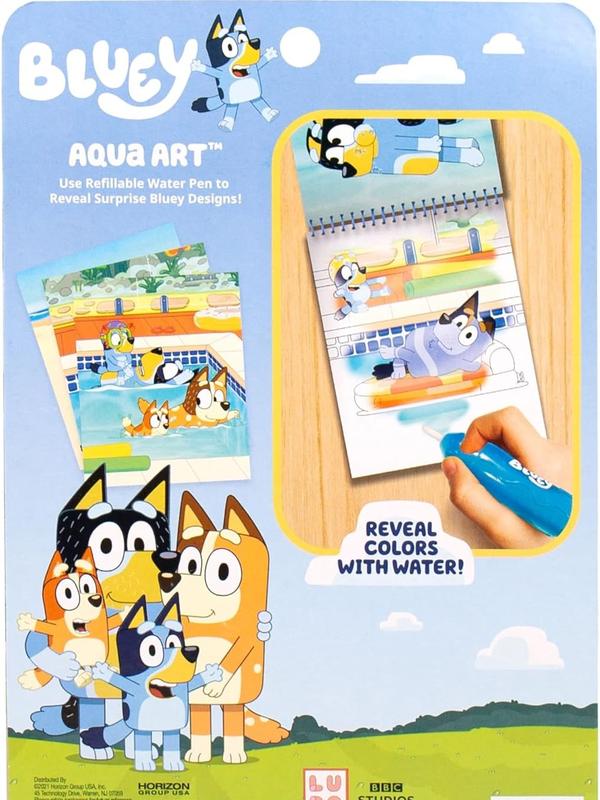 USA Bluey Aqua Art - Reusable Water Reveal Activity Pages With Water Pen for No-Mess Drawing and Coloring