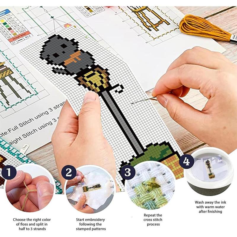 Cartoon Cat & Plant Pattern Cross Stitch Kit, 6pcs set DIY Cross Stitch Kit with Random Color Accessories, Cross Stitch Kit for Beginners