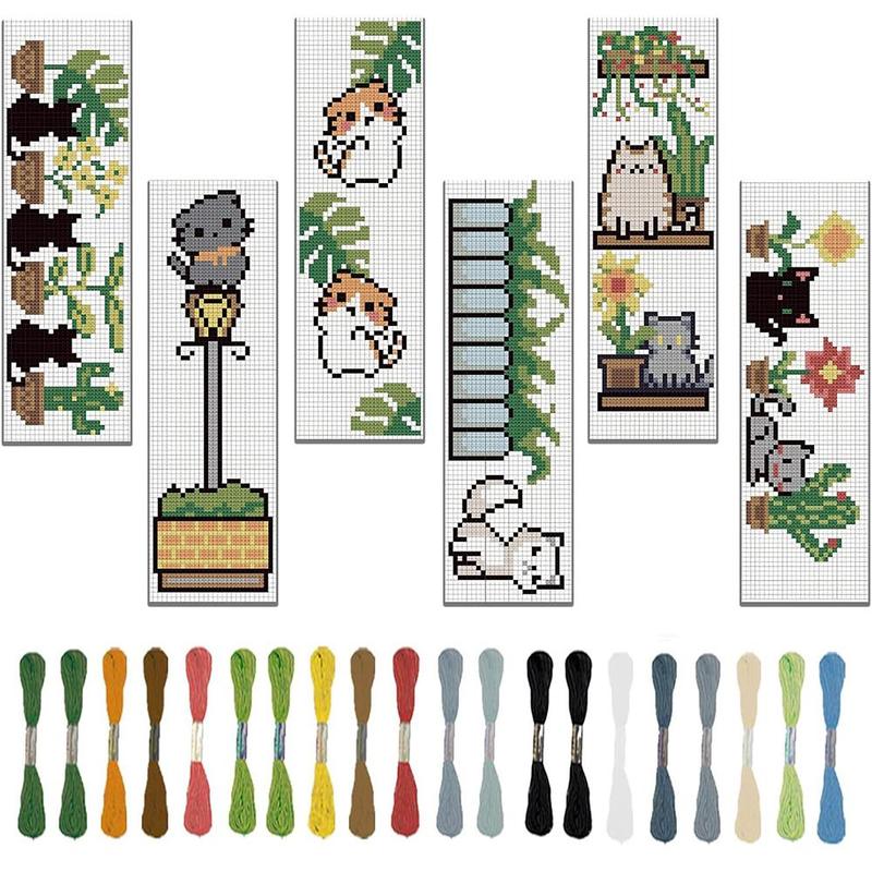 Cartoon Cat & Plant Pattern Cross Stitch Kit, 6pcs set DIY Cross Stitch Kit with Random Color Accessories, Cross Stitch Kit for Beginners