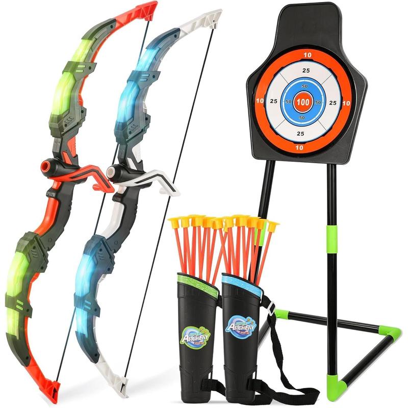 Bow and Arrow Set for Kids, 2-Pack LED Light Up Archery Set with 20 Suction Cup Arrows, Outdoor Toy for Boy Girl Age 4-8 8-12 with Standing Target&2 Quivers, Birthday Gift for Kid 5 6 7 8 9 Year Old