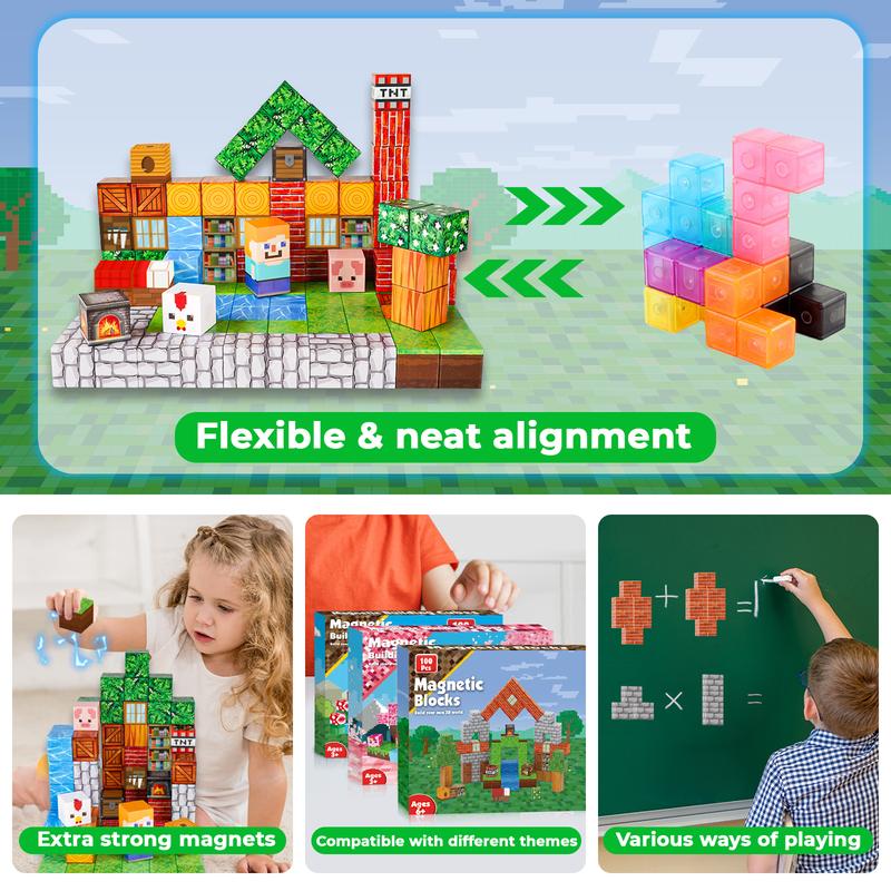 Magnetic Blocks-100PCS Magnetic Building Blocks Magnetic Tiles Stacking, Build-Magnet-World Set, STEM Montessori Sensory Toys magnet blocks