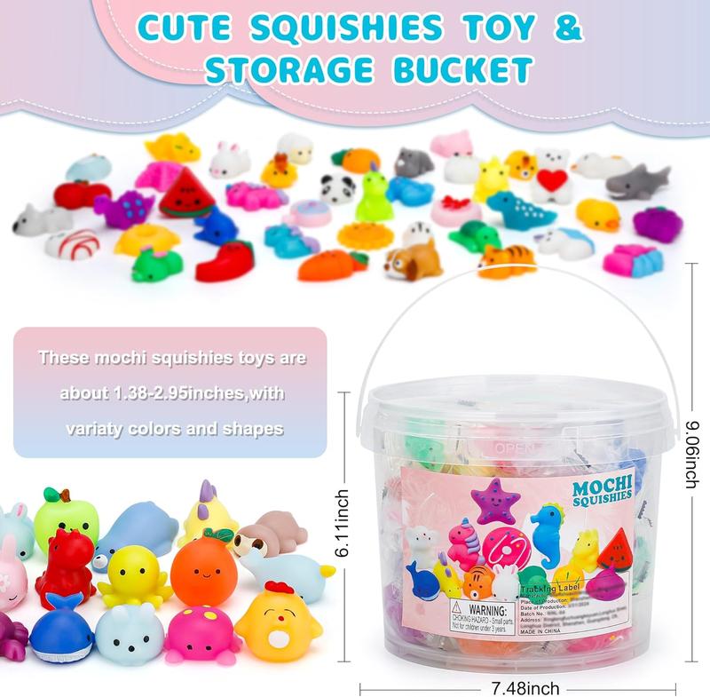 100 Pack Mochi Squishies Toys Set, Fun and Cute Party Favors for Kids,Stress Relief Toys,Treasure Box Toys for Classroom Prizes,Goodie Bags Fillers with Storage Bucket