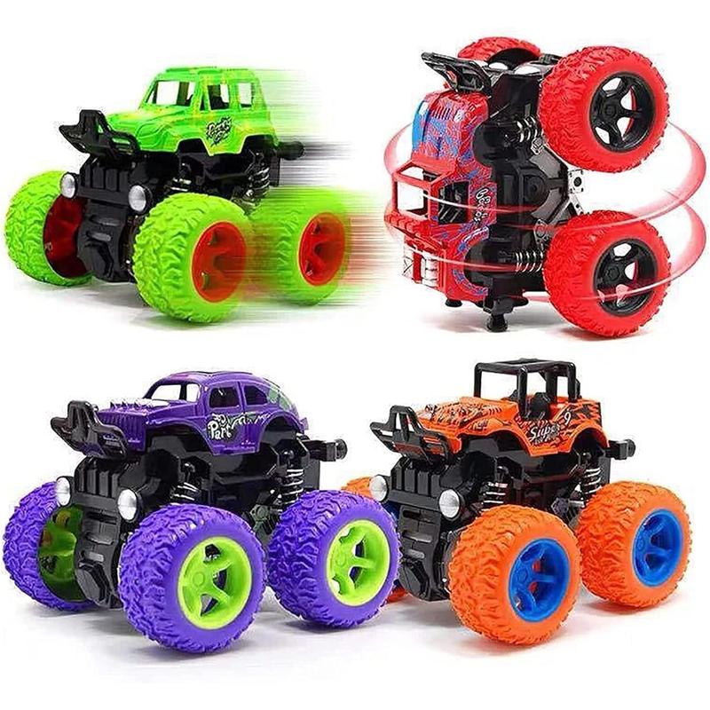 Monster Truck for Boys 3 4 5 6 7 Year Old,4 Pack Push and Go Friction Powered Car Toys, Double-Directions Inertia Pull Back Vehicle Set,Birthday Party Gift for  s