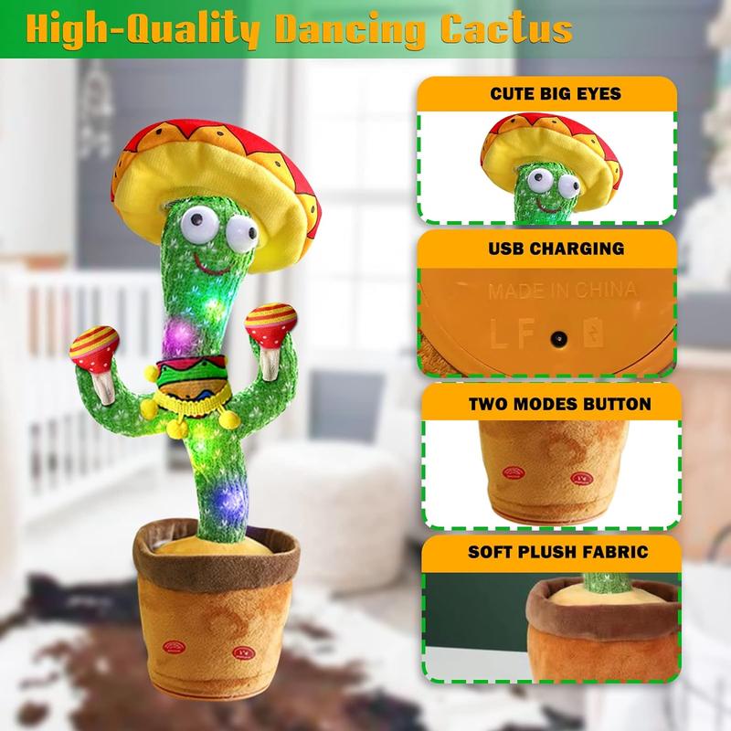 Dancing Cactus Repeats What You Say, Talking Sunny The Cactus Toy USB Charging, Dancing Lighting Recording Mimicking Cactus Toy Home Decoration Plush Toy for Kids