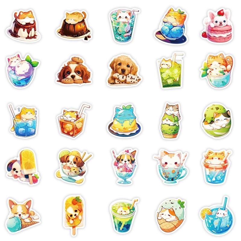 Cute Cat & Dog Food Series Sticker, 50pcs set Waterproof Decorative Sticker, DIY Creative Sticker for Phone Case, Laptop, Notebook, Helmet, Skateboard