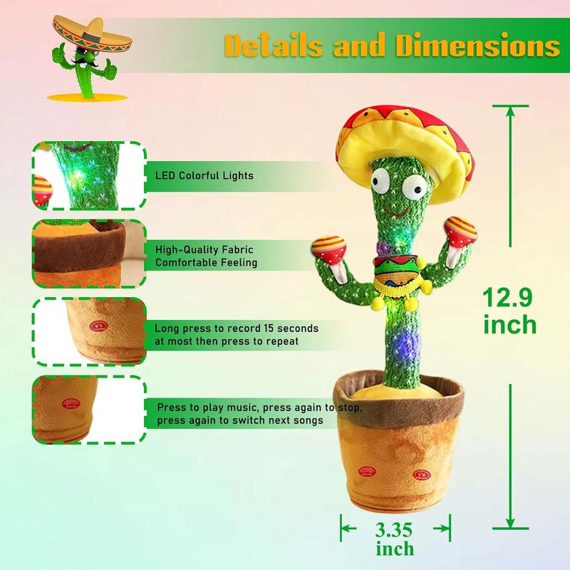 Dancing Cactus Repeats What You Say, Talking Sunny The Cactus Toy USB Charging, Dancing Lighting Recording Mimicking Cactus Toy Home Decoration Plush Toy for Kids