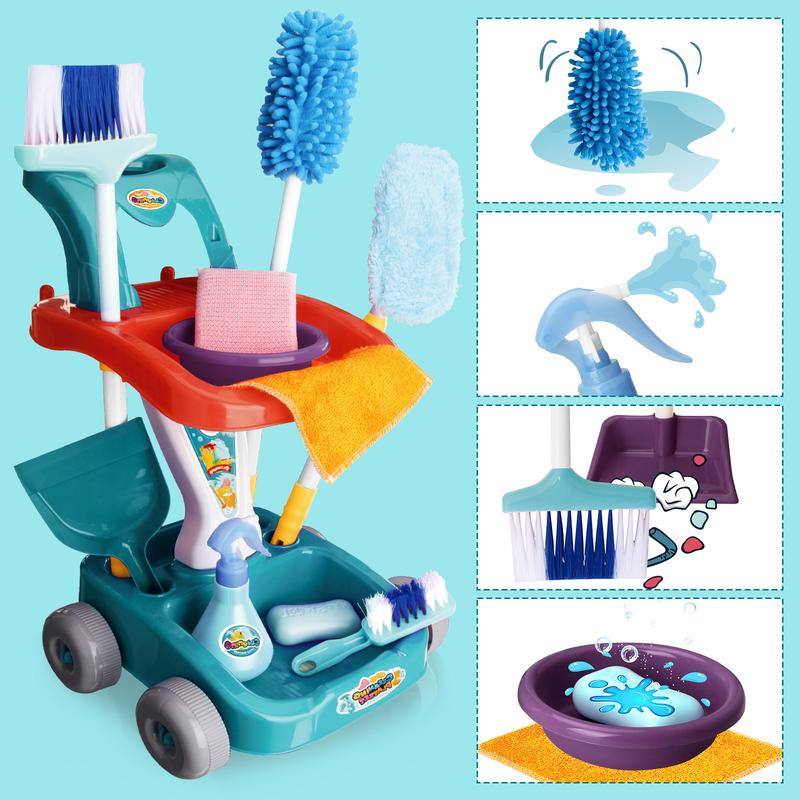 deAO Cleaning Set 12 PCS Pretend Play Detachable Housekeeping Cart with Broom,Dust Pan,Spray Bottle House Cleaning Tools Toys,Broom and Mop Set