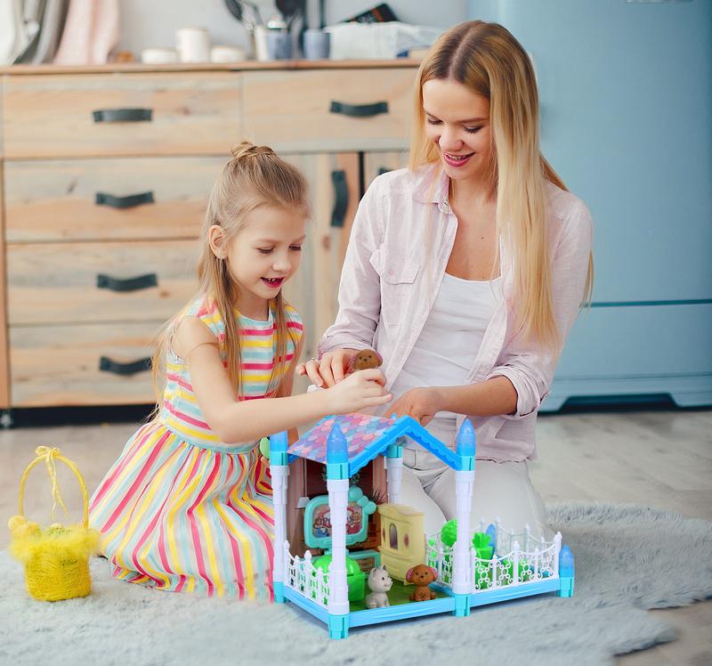 Glow-In-The-Dark Dollhouse With Two Pieces of Furniture, Two Puppies, and Six Potted Plants,Toys Suitable for Playing House