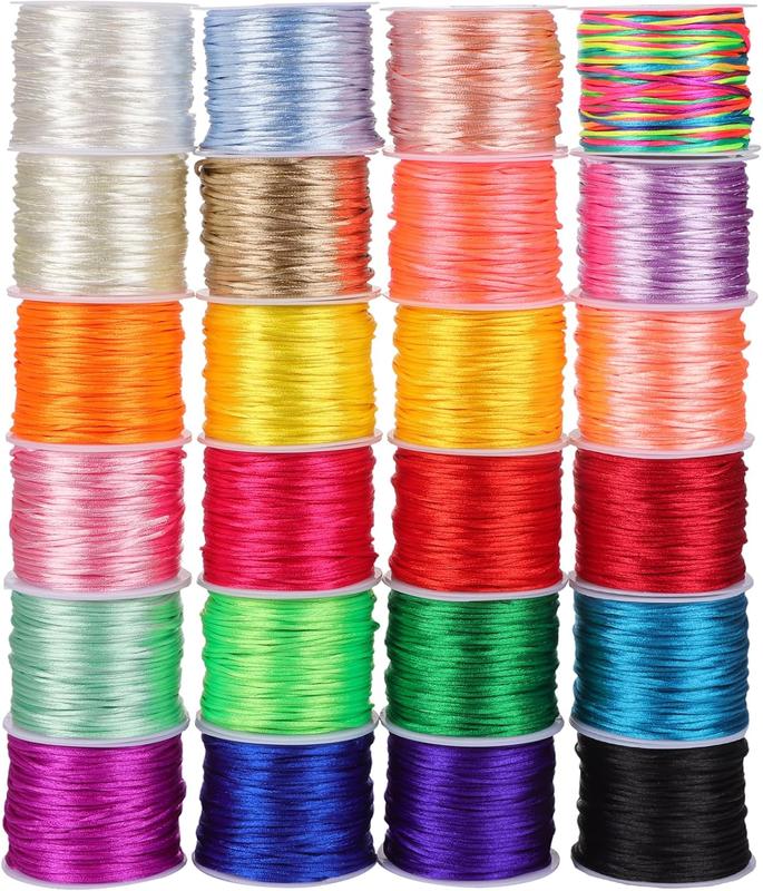 Nylon Lanyard String for Bracelets, 24 Rolls Multicolors Satin Rattail Cord Silky Beading String for Braided Bracelets, Pendants Necklace, Macrame Craft, Keychains Lanyards, Drawstring Bags