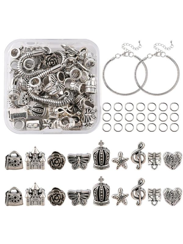 DIY European Bracelet Making Kit, Including Alloy European Beads & Tube Bails, Brass Bracelets, Antique Silver, 98pcs box DIY Jewelry Making Supplies