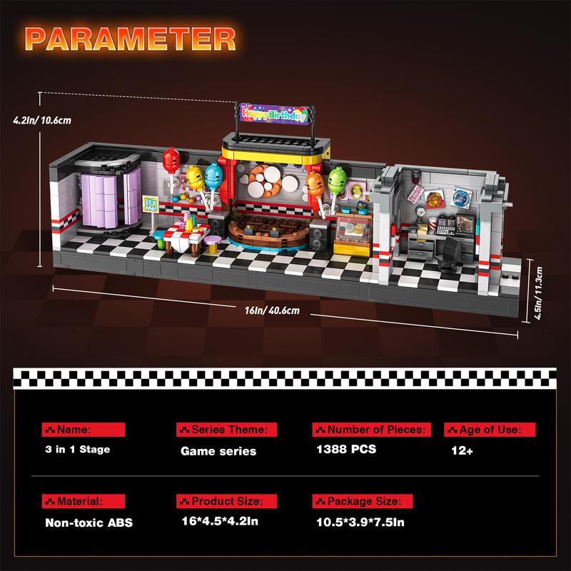 66039,1388 Pieces,Five Nights Security Vulnerability Stage Scene Building Block Set,Classic Game Stage Brick Set,Collecting Building and Gifting Model for Game Fans,For aged 12 and above,Stress relief toy block toy