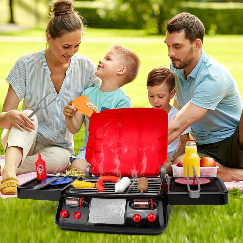 Kids Play Food Kitchen Playset - BBQ Grill Cooking Toy with Realistic Spray, Light & Sound - Perfect Birthday Gift for Boys & Girls