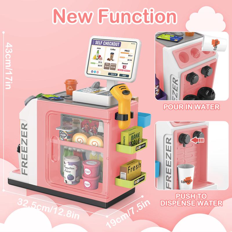 deAO Toy Register Coffee Machine Toys 3 in 1 Play Food Pretend Play Grocery Store Supermarket Playset,Water Outlet Function