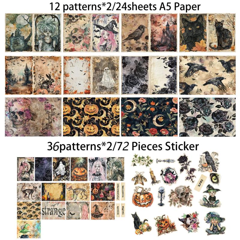 Dark Gothic Style Sticker Set, 96pcs set Including 24 Sheets Material Paper & 72pcs DIY Decor Sticker, Scrapbooking & Journal Making Kit