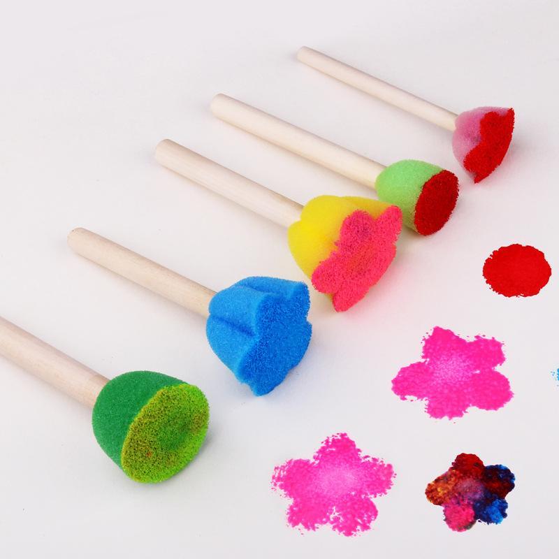 5pcs set Sponge Stamp, Mini Cute Round and Flower Shape Painting Brush with Wooden Handle for Children Painting, DIY, Craft, Scrapbooking, Drawing, Ink, Card Making, Multicolor Paint Sponge Brush