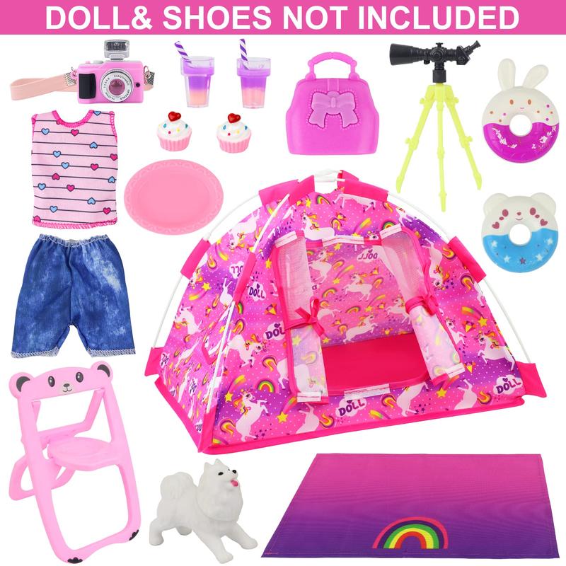 15 Pcs Doll Camping and Accessories Set for 11.5 Inch Girl Doll includes Doll Tent, Clothes, Chair, Camera, Drink, Cupcake, Donut, Telescope, Toy Dog, Bag