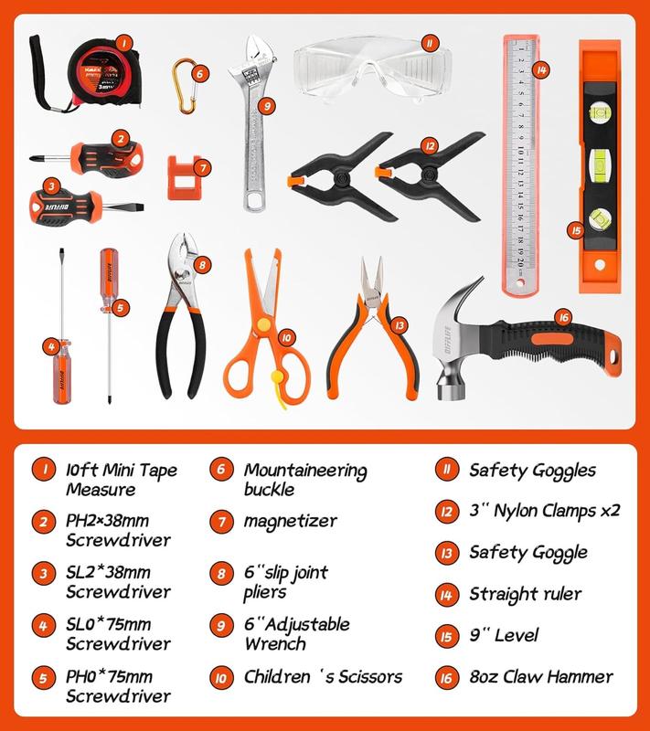 18-Piece Hand Tool Set Kids Real, Tool Kit with Storage Bag for Boys, Girls, Children DIY Building and Woodworking, Age 8+ Tool Set-18 Piece