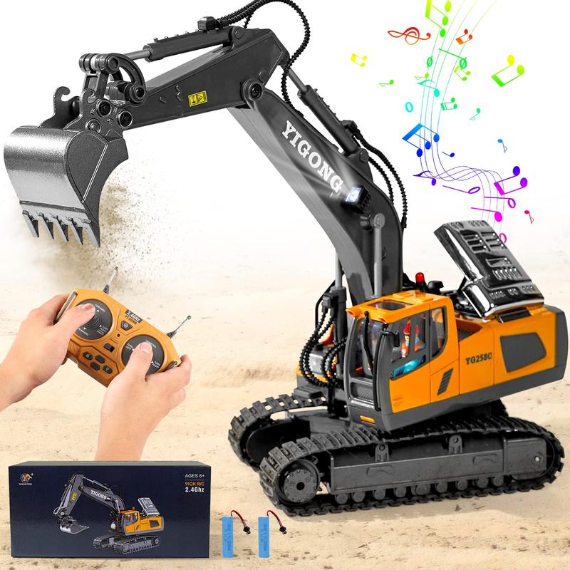 RC Excavator Toy for Kids - 11 Channel Remote Control, 2.4GHz, 1:18 Scale, 680° Rotation with Lights & Music, Best Gift for Boys & Girls, Construction Vehicle Model